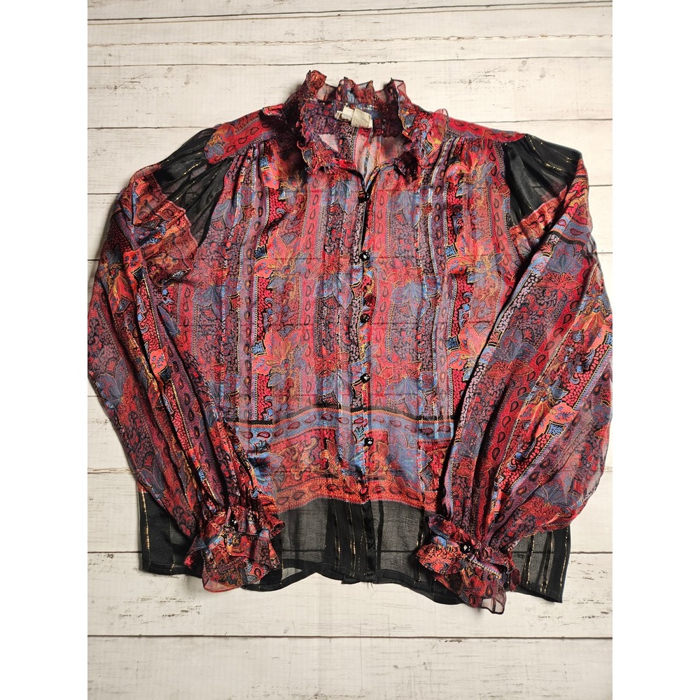 The Silk Farm Icinoo Vintage 100% Silk Paisley Ruffle Blouse Red Blue Gold Sz 12
